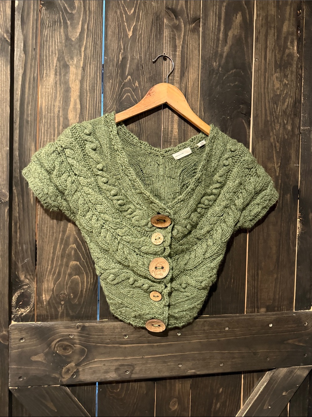 Olive Green Short-Sleeve Cable Knit Cardigan with Wood Buttons